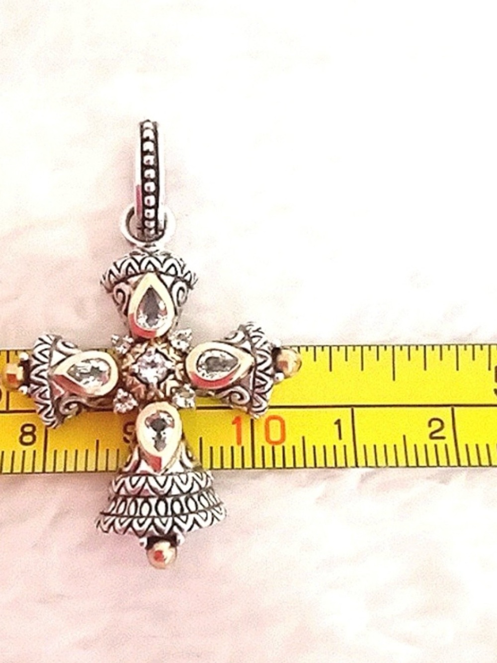 Two-Tone Silver and Gold Cross Pendant Necklace with Clear Stones - Picture 3 of 5